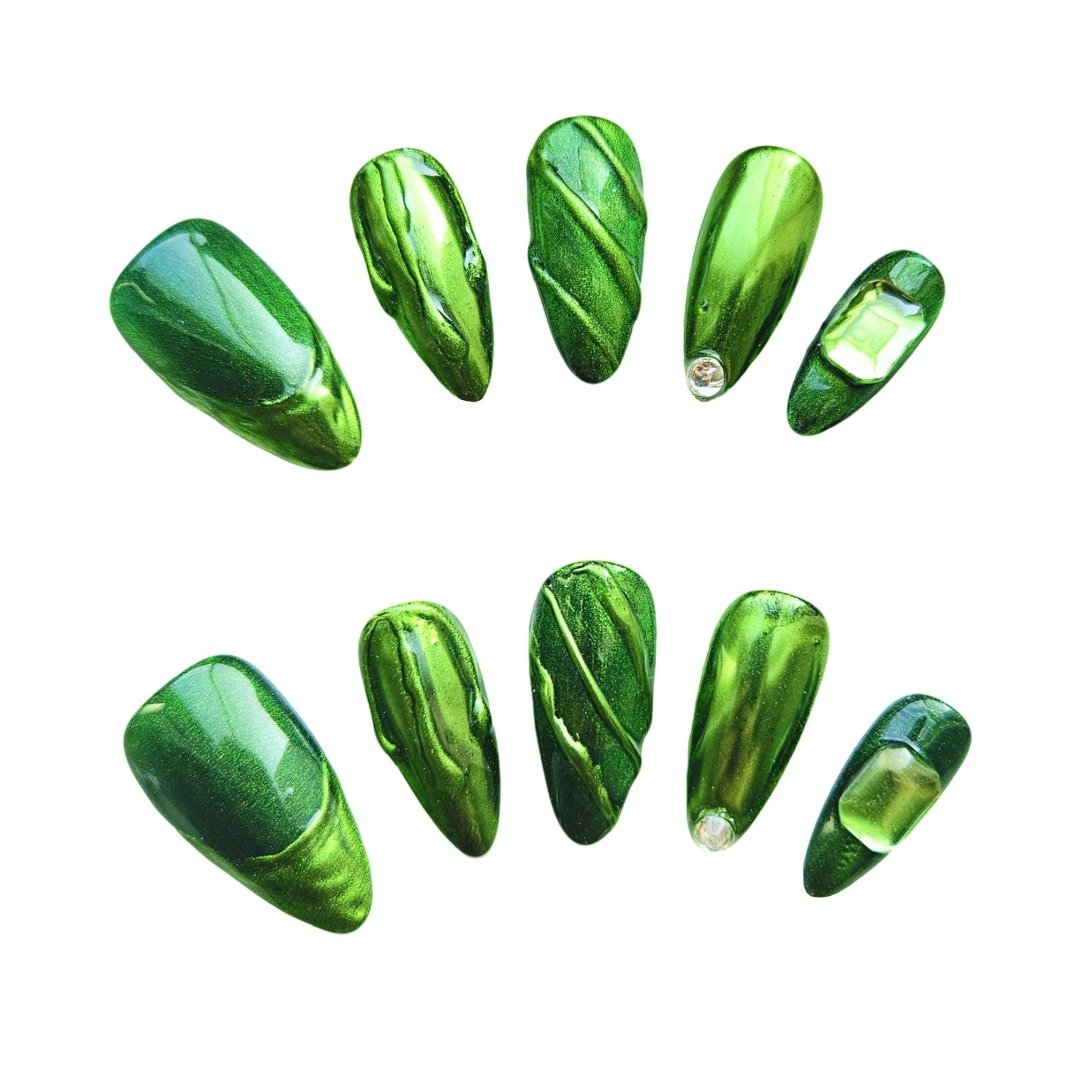 Emerald Enchantment Press-On Nail -- Green, Almond Shape, Handmade, Salon Quality