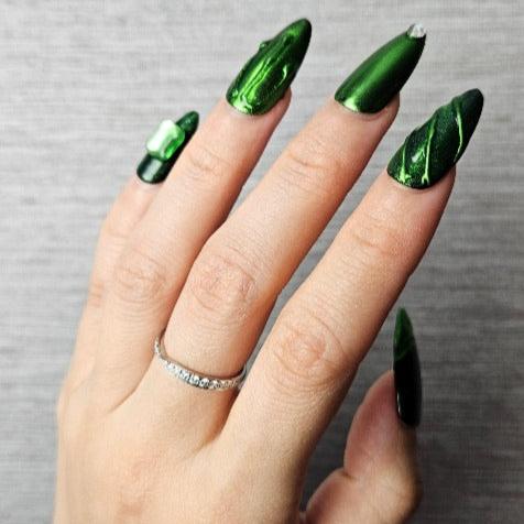 Emerald Enchantment Press-On Nail from Yitaya-- Green with rhinestone, Almond Shape, Handmade, Salon Quality