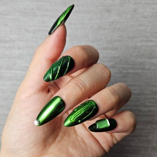 Emerald Enchantment Press-On Nail -- Green, Almond Shape, Handmade, Salon Quality