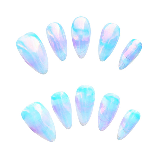 Enchanted Opal press-on nails from yitaya, shiny and in light pink and blue