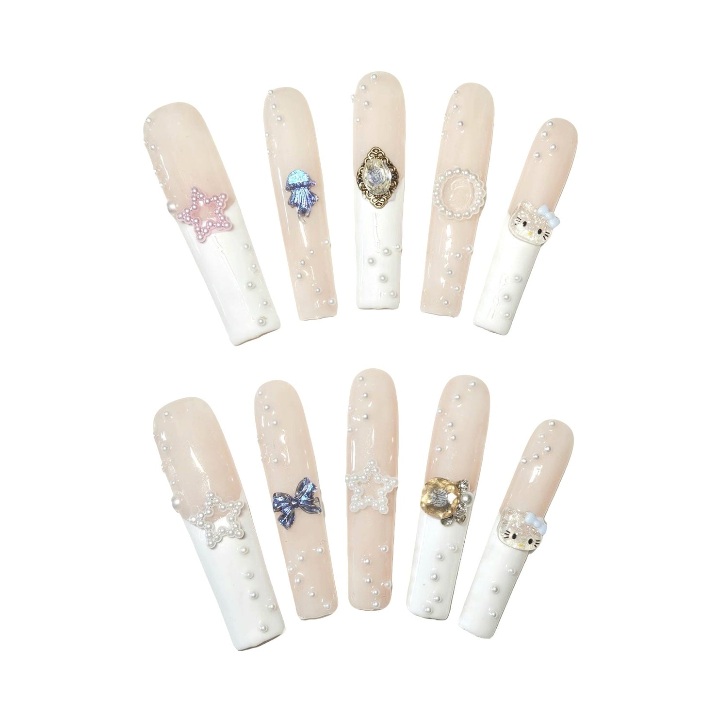 Ethereal Pearl Adornments Press On Nails, with a delicate blend of soft nude tones and creamy whites