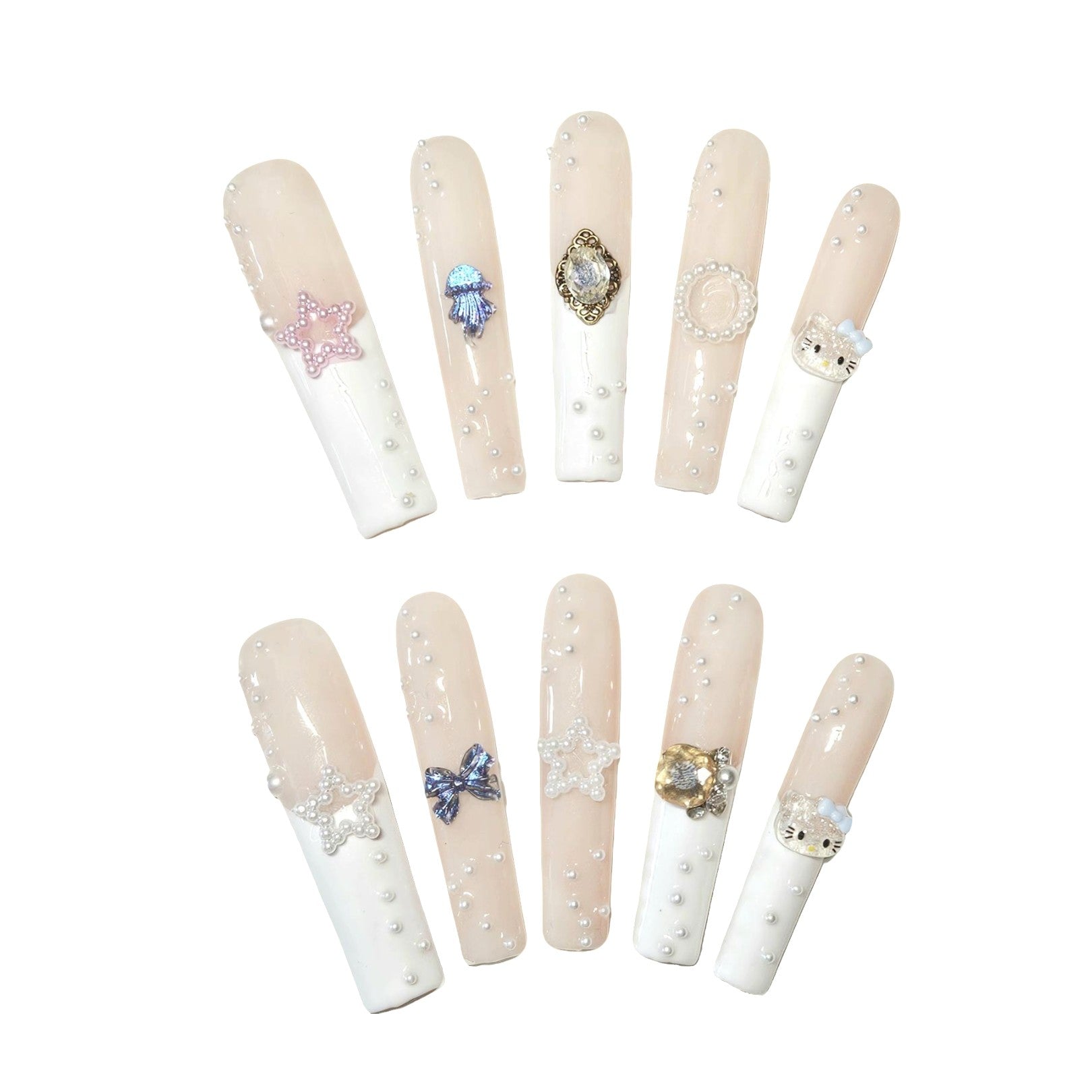 Ethereal Pearl Adornments Press On Nails, with a delicate blend of soft nude tones and creamy whites