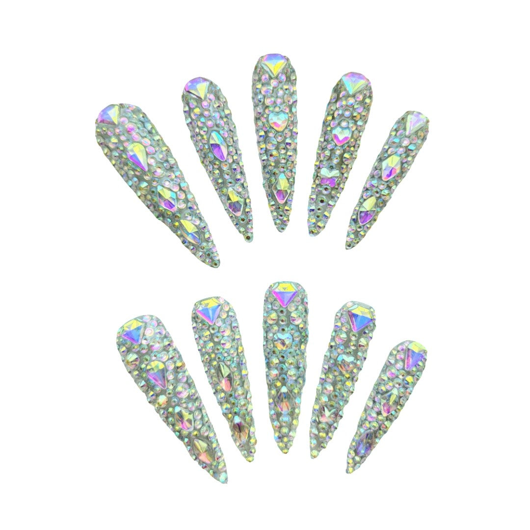 Galactic Glamour Glitz press on nails by Yitaya, featuring a captivating blend of iridescent rhinestones