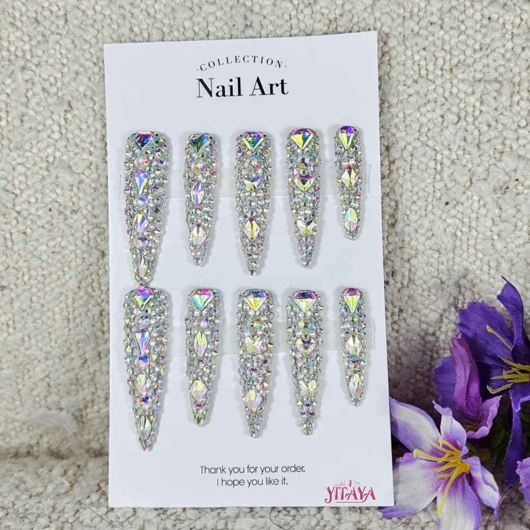 Galactic Glamour Glitz press on nails by Yitaya, featuring a captivating blend of iridescent rhinestones