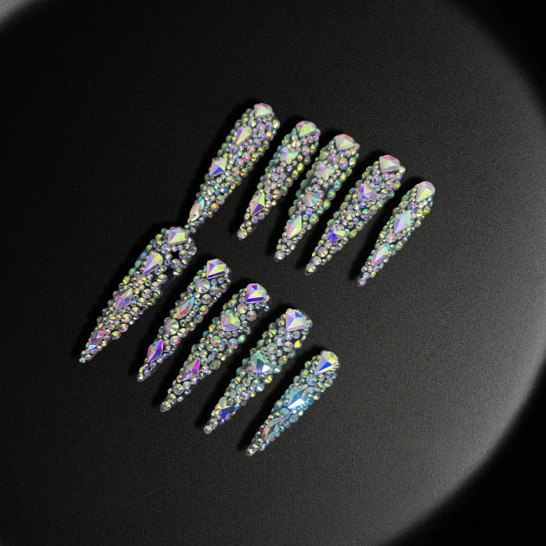 Galactic Glamour Glitz press on nails by Yitaya, featuring a captivating blend of iridescent rhinestones