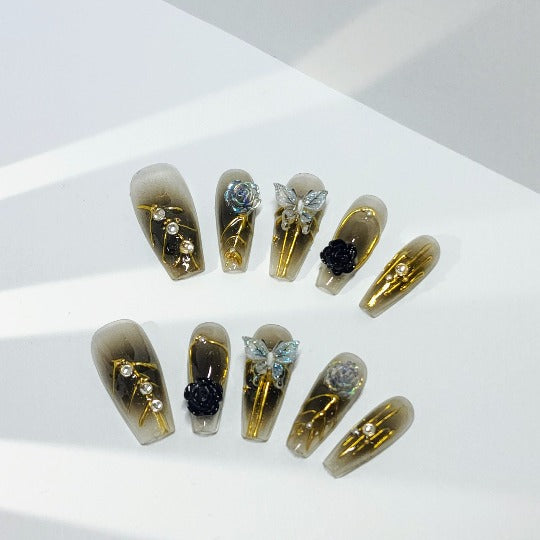 Glided Flora Press-On Nails -- Dart/Pearl, Coffin Shape, Handmade