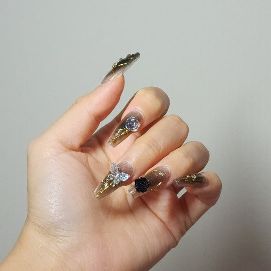 Glided Flora Press-On Nails -- Dart/Pearl, Coffin Shape, Handmade