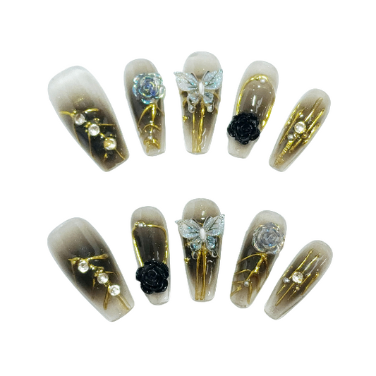 Glided Flora Press-On Nails -- Dart/Pearl, Coffin Shape, Handmade