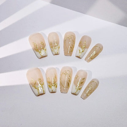 Golden Flower Press-On Nail -- Coffin Shape, Handmade, Beige, White