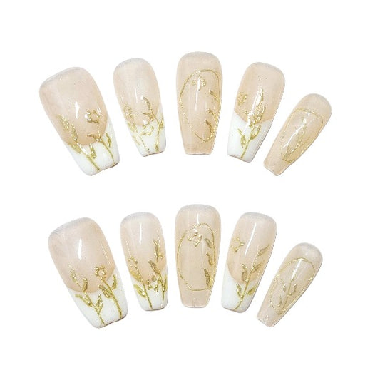 Golden Flower Press-On Nail -- Coffin Shape, Handmade, Beige, White