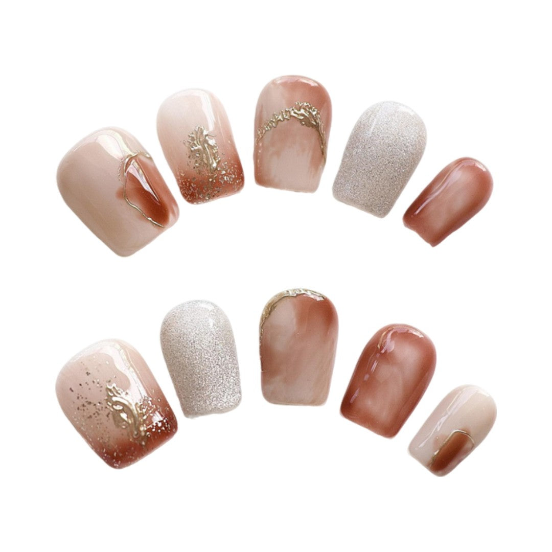 Golden Hour Glam Press On Nails, blending earthy tones with golden accents for a sophisticated, natural vibe