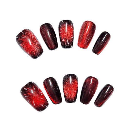 Hanabi Press-On Nails -- Red/Black, Almond, Handmade