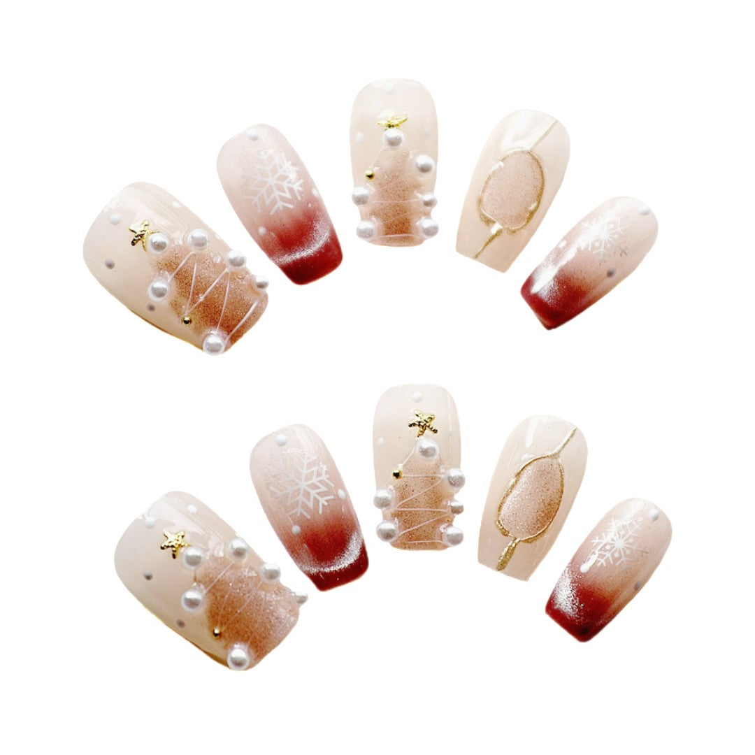 Holiday Sparkle Delight press on nails, featuring enchanting Christmas-themed designs and pearls