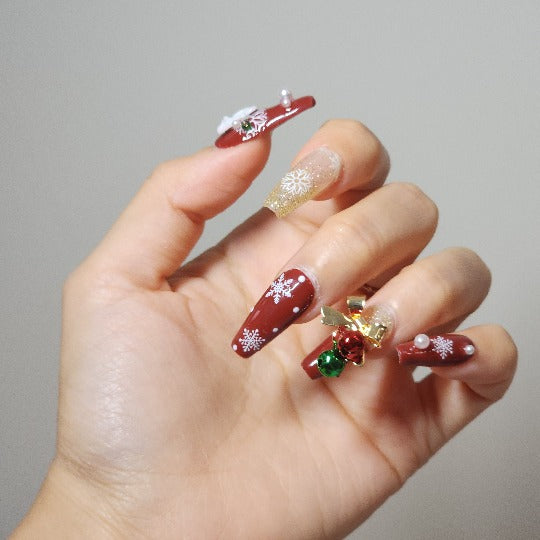 Jingle Belle Press-On Nail -- Red/Pearl, Coffin Shape, Handmade