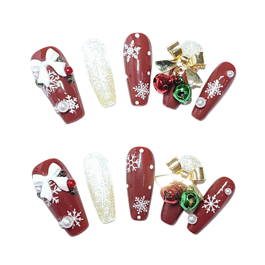 Jingle Belle Press On Nails -- Red/Pearl, Coffin Shape, Handmade