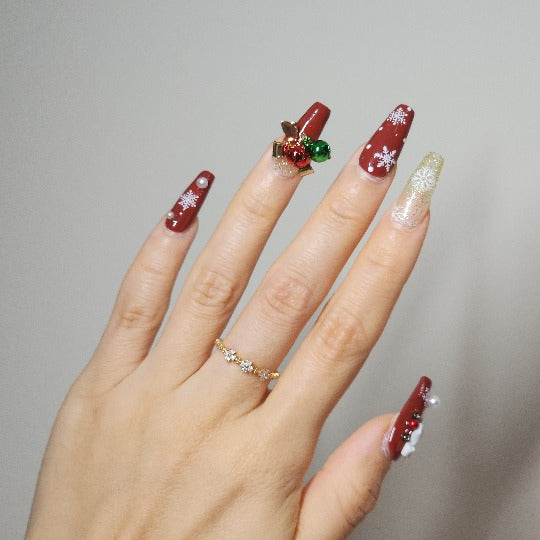 Jingle Belle Press On Nails -- Red/Pearl, Coffin Shape, Handmade