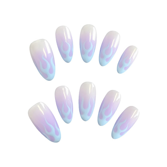 Lavender Blaze press on nails, featuring a cool, pastel gradient with bold flame designs