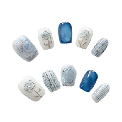 Luxe Blue Rose Press On Nails, combing classic elegance with modern flair. 