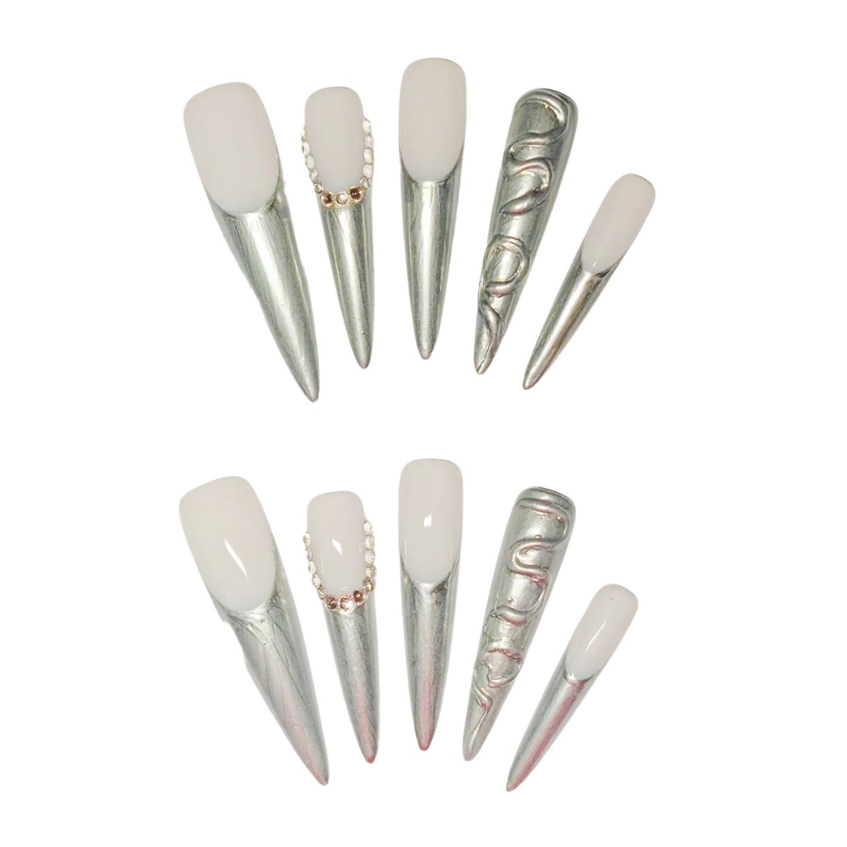 Metallic Elegance nail, featuring a sophisticated blend of a nude pink base with striking metallic silver tips.