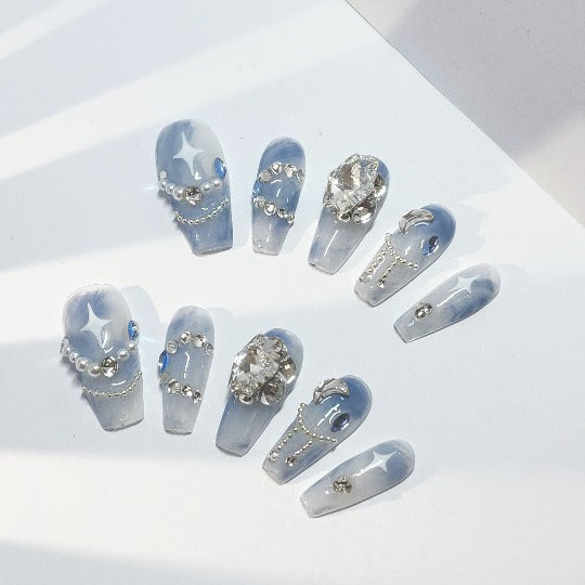 Moonlit Majesty Press-On Nail -- Coffin Shape, With Pearls Diamonds