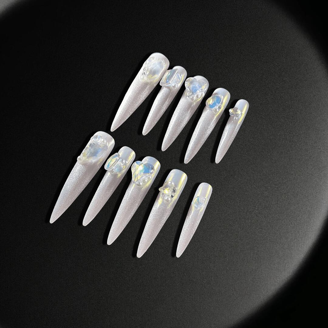 Crystal Frost Elegance press on nails, featuring a sleek, pearlescent white base