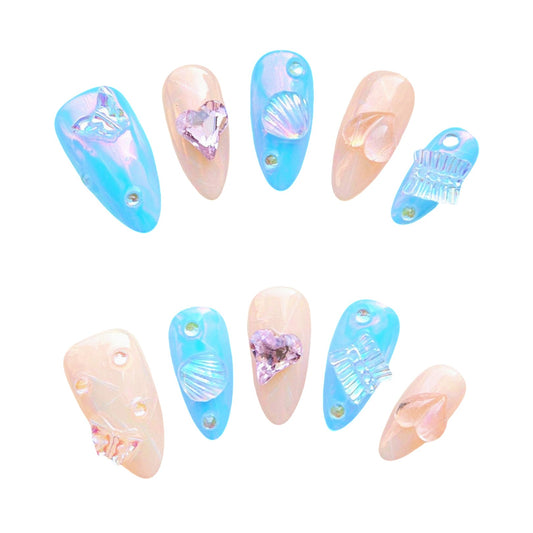 Oceanic Dream Press On Nails, baby blue base with shimmering seashells