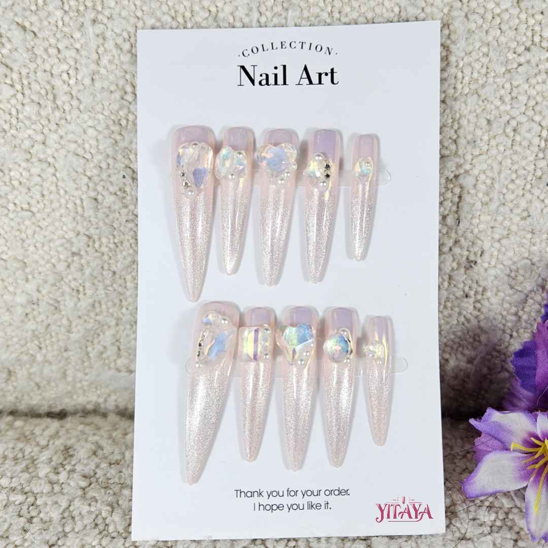 Crystal Frost Elegance press on nails, featuring a sleek, pearlescent white base