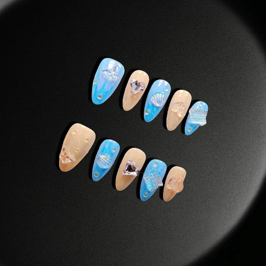 Oceanic Dream Press-On Nails, baby blue base with shimmering seashells