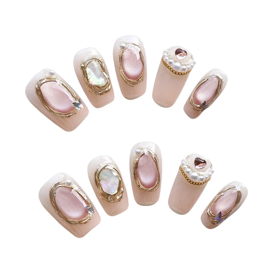 Pearl Perfection Press On Nails -- Yitaya Nails -- Nude base with pearls and gem