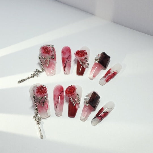 Rose Elegance Press-On Nails -- Red, Coffin Shape, Handmade