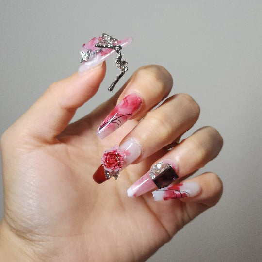 Rose Elegance Press-On Nails -- Red, Coffin Shape, Handmade