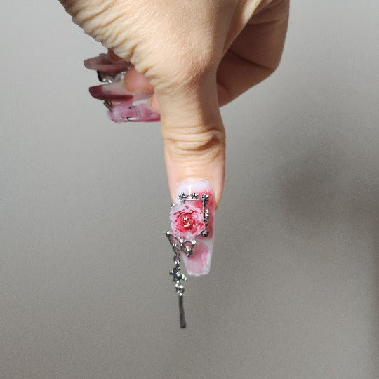 Rose Elegance Press-On Nails -- Red, Coffin Shape, Handmade