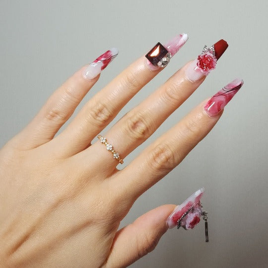 Rose Elegance Press-On Nails -- Red, Coffin Shape, Handmade