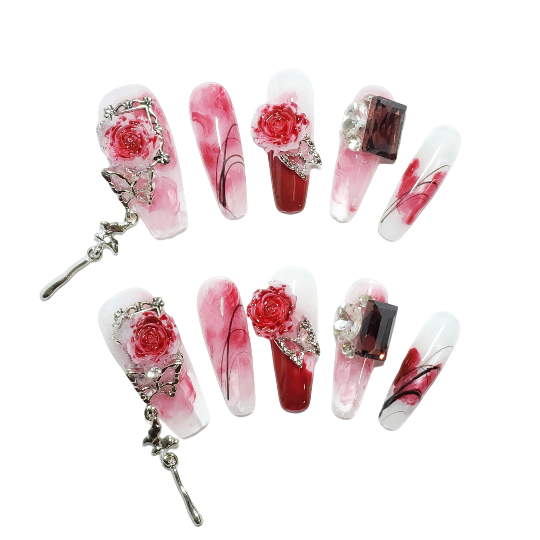 Rose Elegance Press-On Nails -- Red, Coffin Shape, Handmade