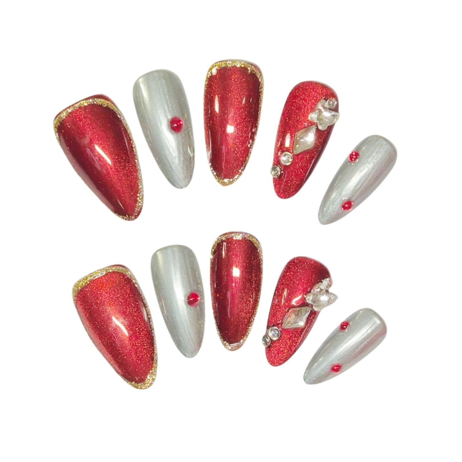 Scarlet Elegance Press-On Nails, featuring a burgundy base with shimmering silver accents and rhinestone