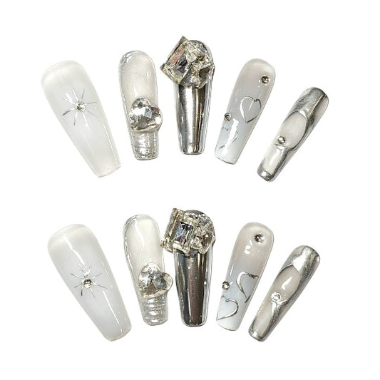 Silver starburst romance press on nails - coffin shape, handmade, salon-quality