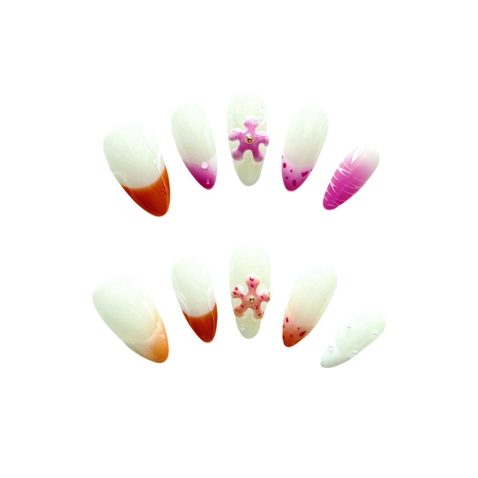 Sunset Sorbet Delight press on nails, featuring shades of orange, pink, and purple, with 3D floral accents