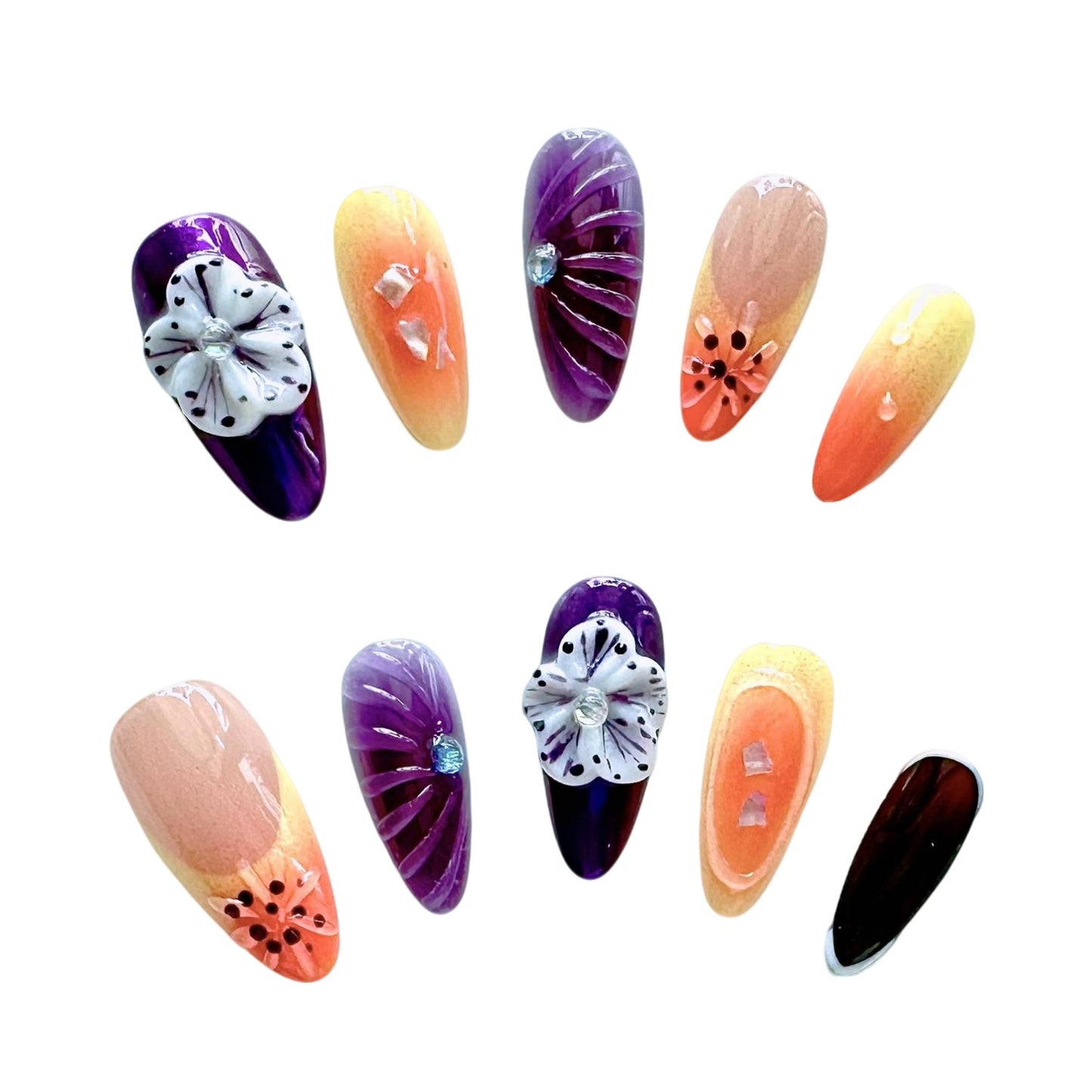 Twilight Bloom Gel Nails, blending purples, oranges, and nudes with floral accents and rhinestone