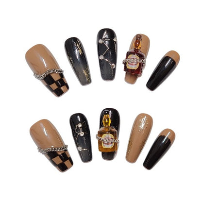 Vino Glam Press-On Nail -- Coffin Shape, Handmade, Brown, Black