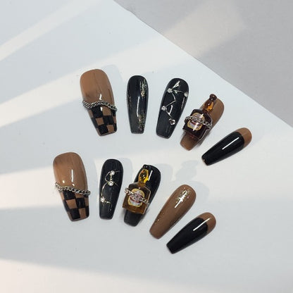 Vino Glam Press-On Nail -- Coffin Shape, Handmade, Brown, Black