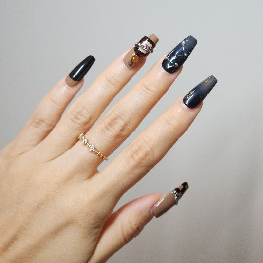 Vino Glam Press-On Nail -- Coffin Shape, Handmade, Brown, Black