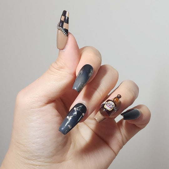 Vino Glam Press-On Nail -- Coffin Shape, Handmade, Brown, Black