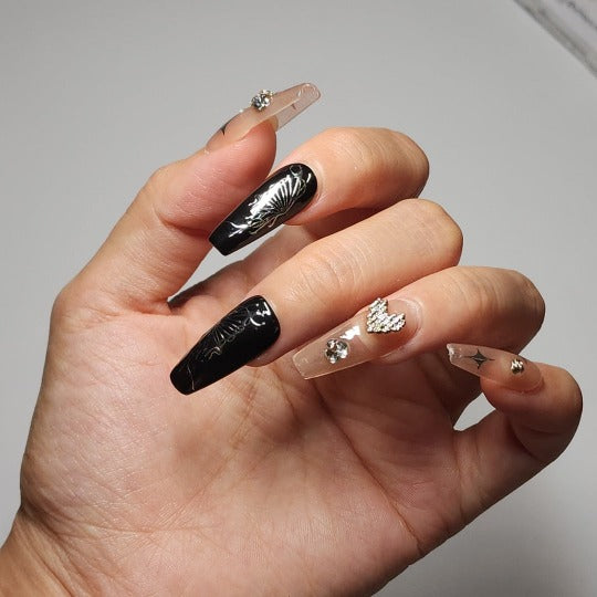 bold black starry night-press-on nail -- silver,  coffin shape, handmade, salon-quality