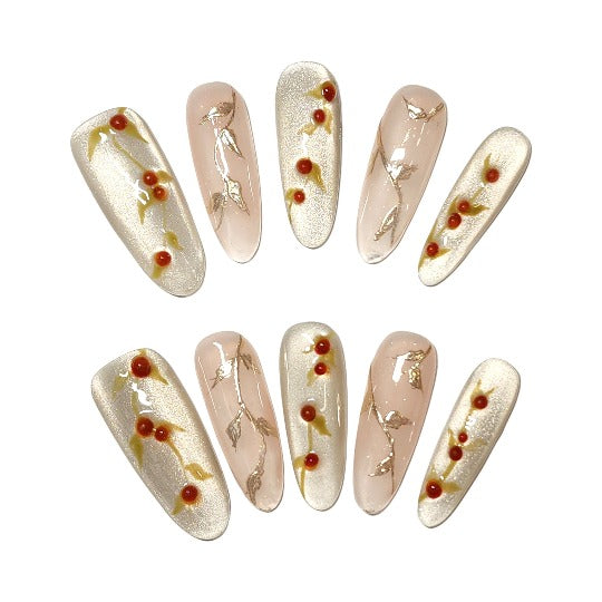 floral elegance press-on nail -- floral patterns, almond shape, handmade, salon-quality