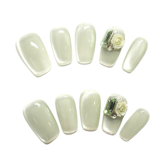 chic mint rose press-on nail -- green, square shape, handmade, salon-quality