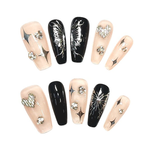 bold black starry night-press-on nail -- silver,  coffin shape, handmade, salon-quality