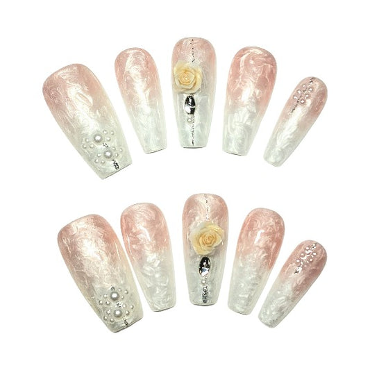 romantic rose marble press on nails - - coffin shape, handmade, salon-quality